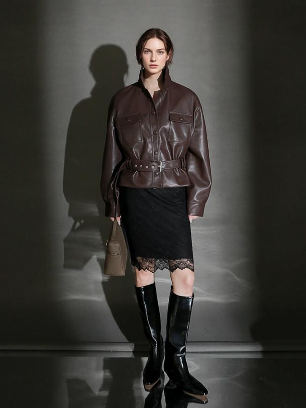 Women’s Cropped Sheepskin Leather Moto Jacket – High-End Belted Designer Biker Outerwear