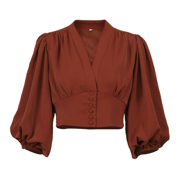 Retro Lantern Sleeve Womens Cropped Blouses Vintage Brick Red Tops Female Short Shirt V-Neck Slim Breasted Draped Blouse