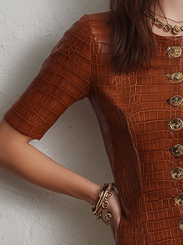 Caramel Croc-Embossed Faux Leather Midi Dress