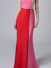 Elegant Color Block Sleeveless Bodycon Mermaid Hem Maxi Dress <shipping in 24 hours>