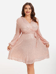 V-Neck Lantern Sleeve Belted Sequin Dress