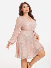 V-Neck Lantern Sleeve Belted Sequin Dress