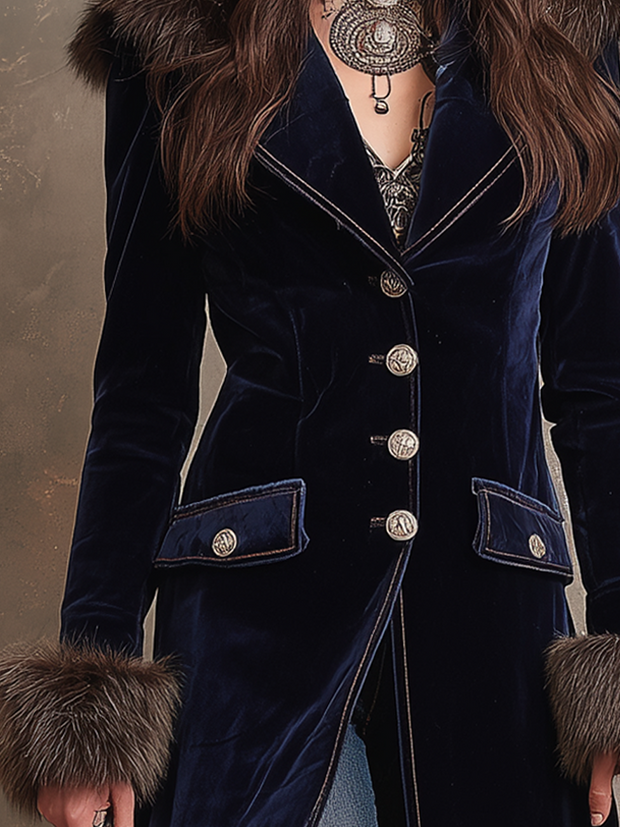 Vintage Faux Fur Collar Polyester Velvet Jacket