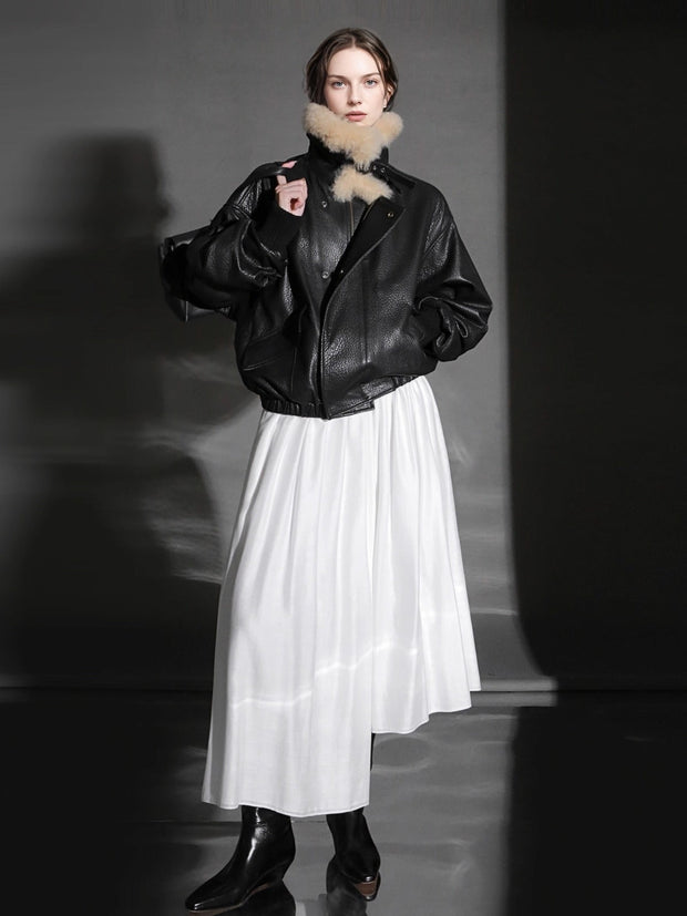 Trendy Shearling Collar Leather Jacket for Women – Short Moto Style PU Coat for Fall Winter