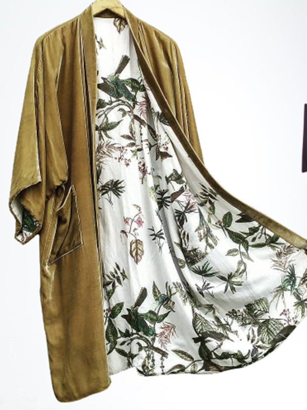 Fashion Lining Flower Leaf Print Kimono Duster