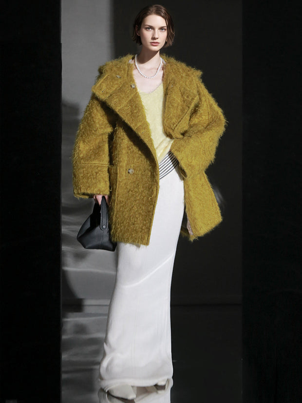 Cloud Plush Hooded Mohair Wool Coat for Women – Double-Faced Teddy Textured Wool Overcoat, Soft and Warm Winter Outerwear