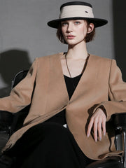 Soft Cashmere Blend Blazer for Women – V-Neck Structured Shoulder Suit Jacket, Elegant Office Wear for Fall