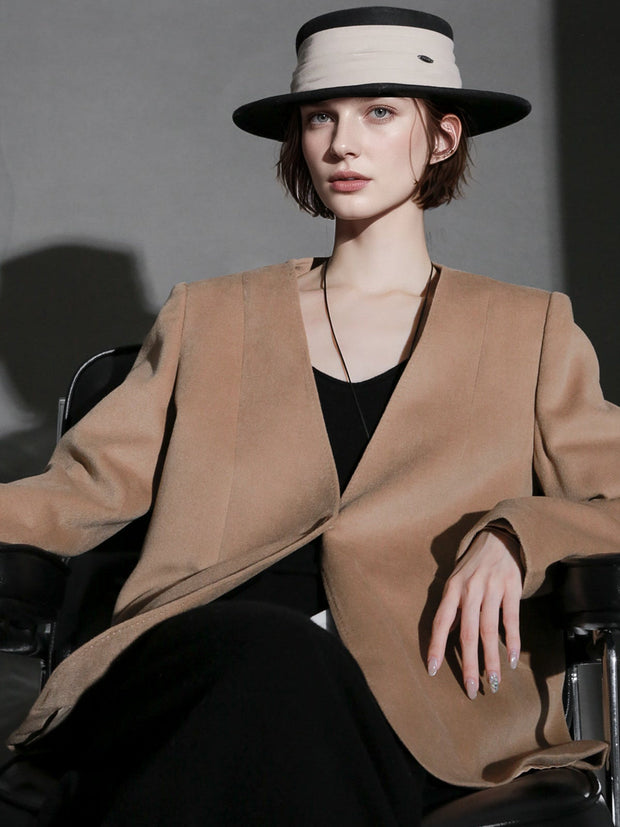 Soft Cashmere Blend Blazer for Women – V-Neck Structured Shoulder Suit Jacket, Elegant Office Wear for Fall