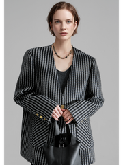 Nordic Striped Wool Blazer for Women – Elegant V-Neck Suit Jacket with Metal Buckle and Structured Shoulders, Fall Office Wear