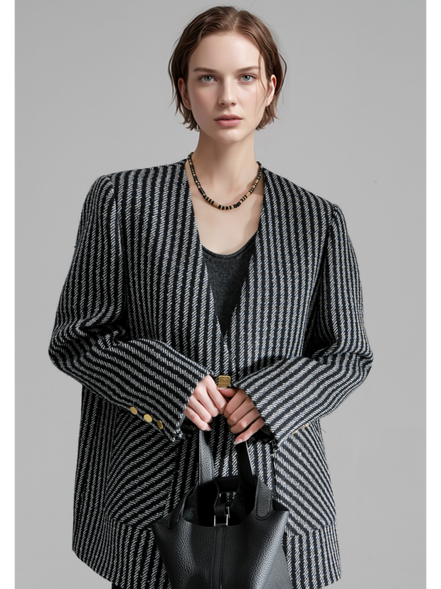 Nordic Striped Wool Blazer for Women – Elegant V-Neck Suit Jacket with Metal Buckle and Structured Shoulders, Fall Office Wear