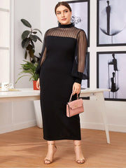 Plus Mesh Patchwork Band Collar Bodycon Maxi Dress