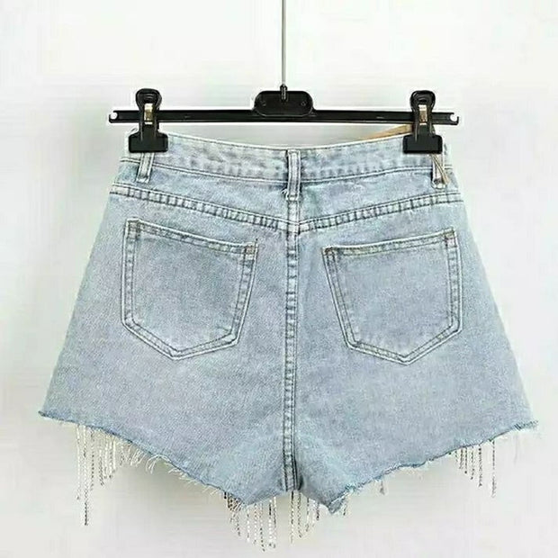 Denim Shorts Women Clothing Fashion 2022 Summer Ripped Jeans Short Femme High Waist Diamond Tassel Y2k Casual Bottoms For Ladies