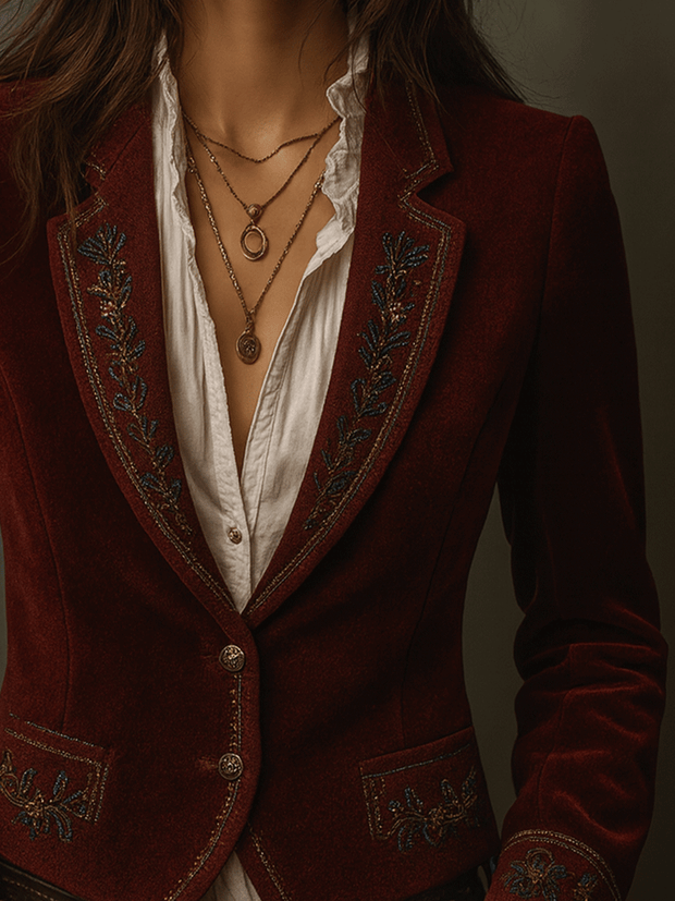 Vintage Burgundy Boho Stitching Velvet Jacket