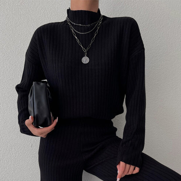 Casual Solid Color Turtleneck Loose Knit Ladies Two-piece Suit