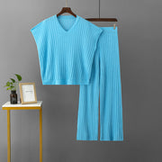 V-neck loose top + pleated wide-leg pants two-piece set