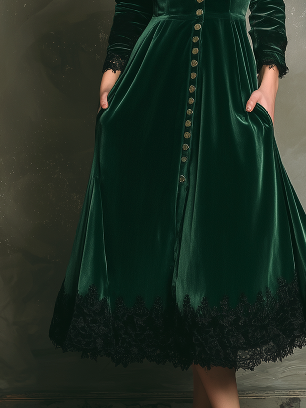 Vintage Lace Trim Long Sleeve Velvet Midi Dress