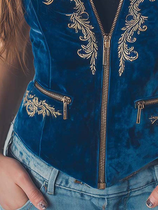 Zippered Boho Royal Blue Embroidered Velvet Vest