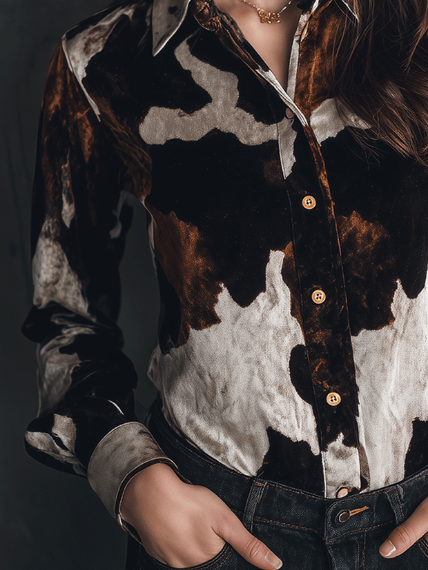 Luxe Texture Velvet Cow Print Button-Up Shirt