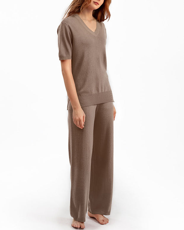 V-neck loose slit sweater straight-leg trousers two-piece set