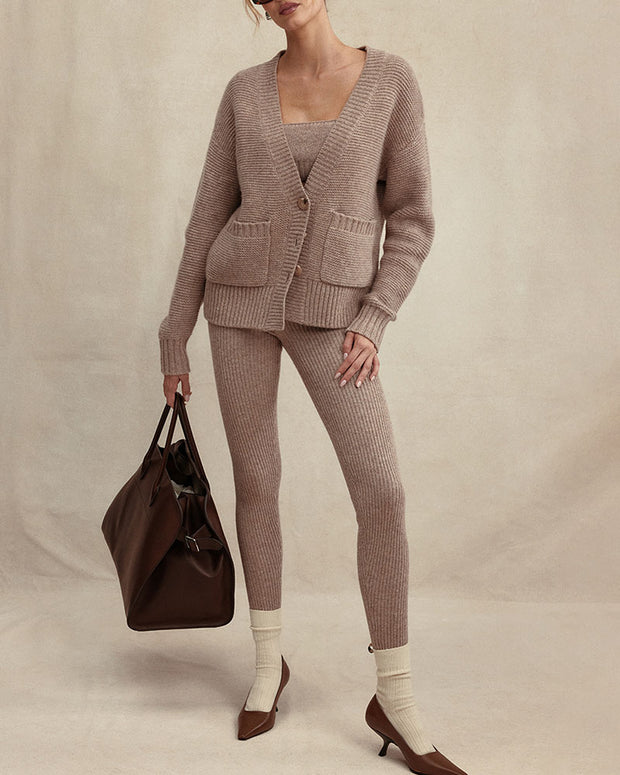 Chic V-neck cardigan + slim-fitting trousers knitted two-piece set