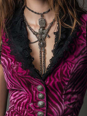 Vintage Magenta Velvet Animal Print Lace Collar Metal Button Vest