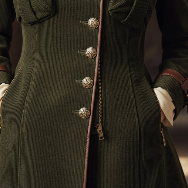 Forest Green Military-Inspired Coat with Plaid and Leather Accents