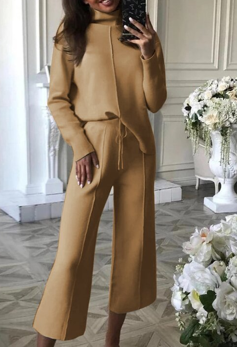 Casual High-neck Knitted Wide-leg Pants Two-piece Suits