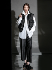 Women’s Short Sheepskin Leather Vest – Bubble Leather Design with Pockets, Notched Collar & Shoulder Strap Details