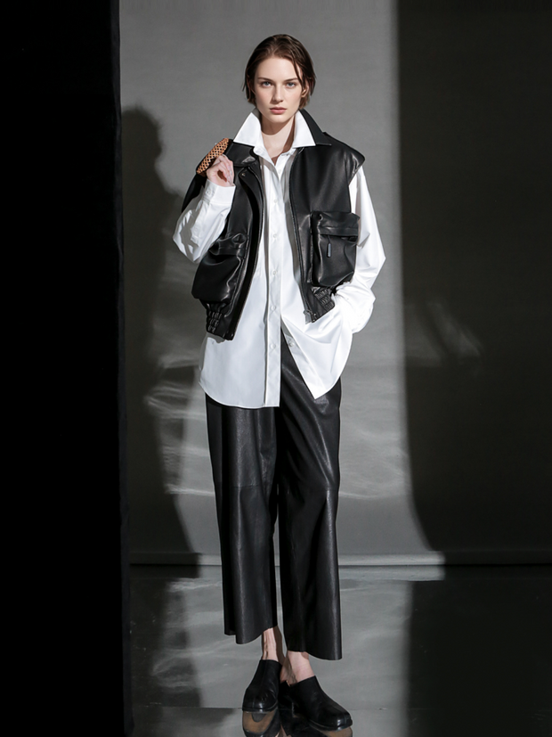 Women’s Short Sheepskin Leather Vest – Bubble Leather Design with Pockets, Notched Collar & Shoulder Strap Details