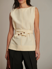 Round Collar Belt And Buttons Split  Sleeveless Shirt