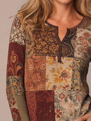 Bohemian Mixed Floral Long Sleeve Henley T-Shirt