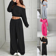 Fashion Slim-fit Off-the-shoulder Navel Solid Color Casual Pants Suit