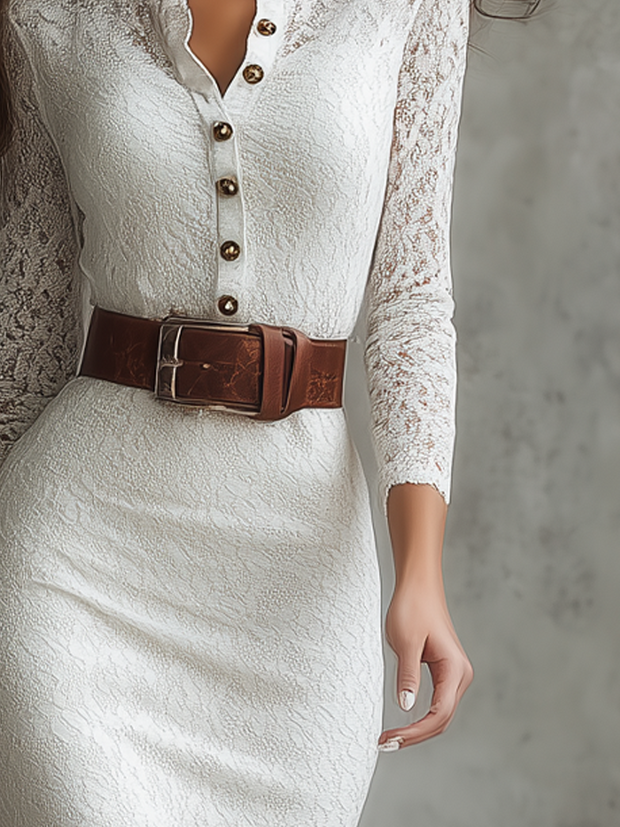 Vintage Henley Collar Long Sleeve Lace Midi Dress