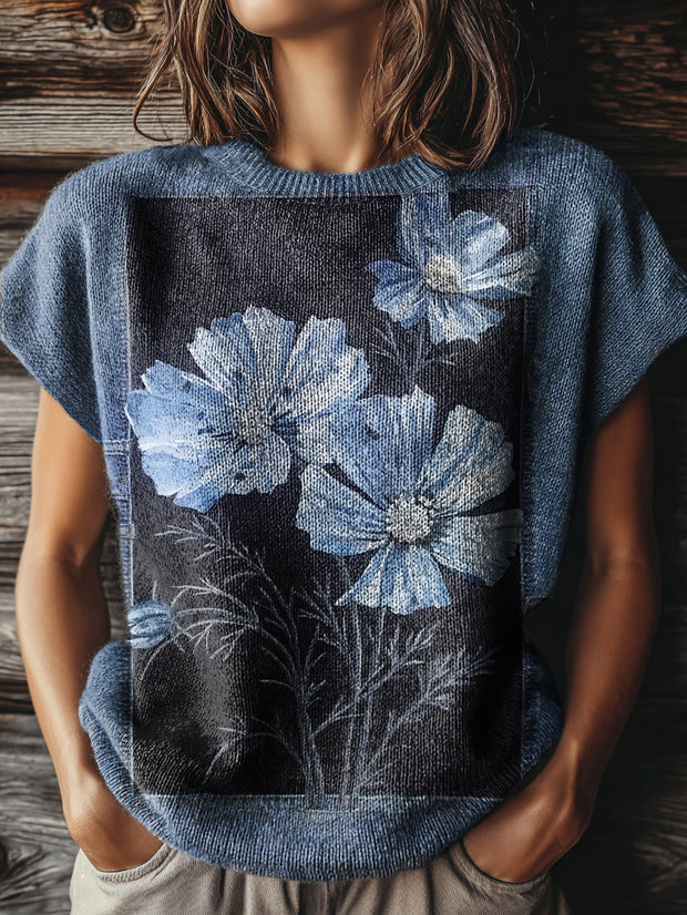 Women's Bohemian Floral Art Print Casual Crew Neck Short Sleeve Knitted Sweater
