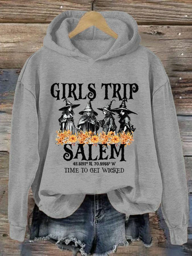 Women's Girl's Trip Salem Time To Get Wicked Halloween Print Hoodie