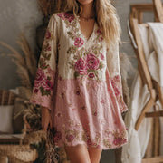 Women's V Neck Boho Classy Gradient Pink Roses Embroidered Art Casual Dress