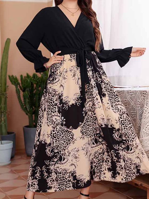 Plus Black Floral Lantern Sleeve Crisscross Wrap Maxi Dress