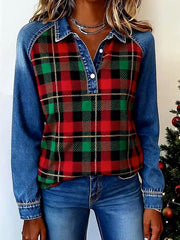 Women's Casual Christmas Contrast Color Panel Plaid Top