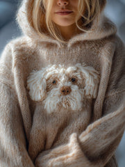 Cute Fuzzy Dog Embroidered Comfy Hooded Sweater