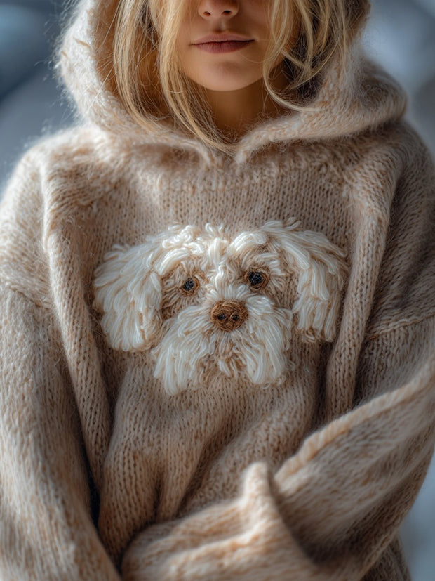 Cute Fuzzy Dog Embroidered Comfy Hooded Sweater