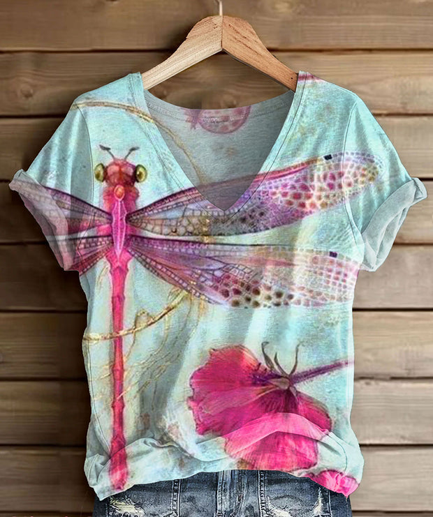 Women's Bohemian Floral Dragonfly Art Print V-neck Casual T-Shirt