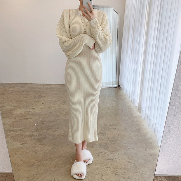 Temperament Round Neck Knitted Dress Two-Piece Set