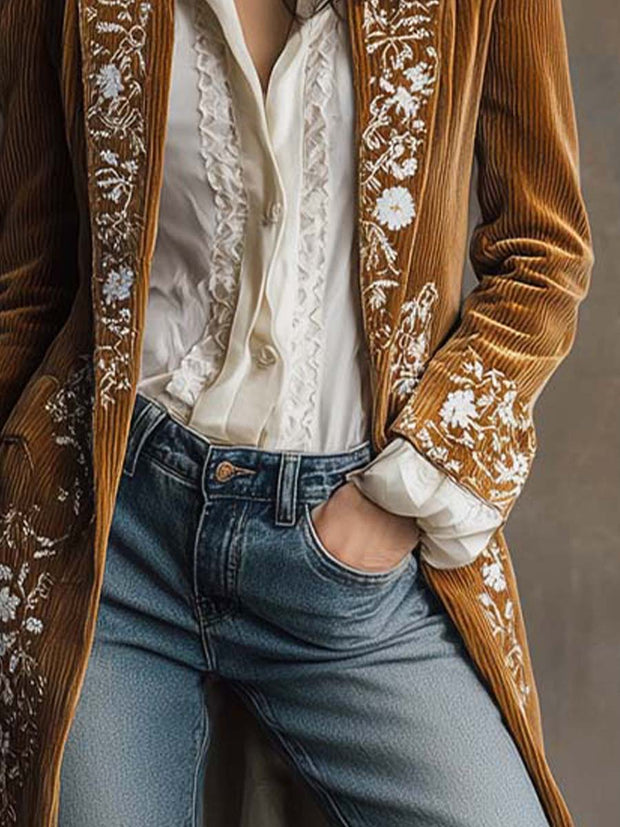 Golden Caramel Embroidered Corduroy Long Coat