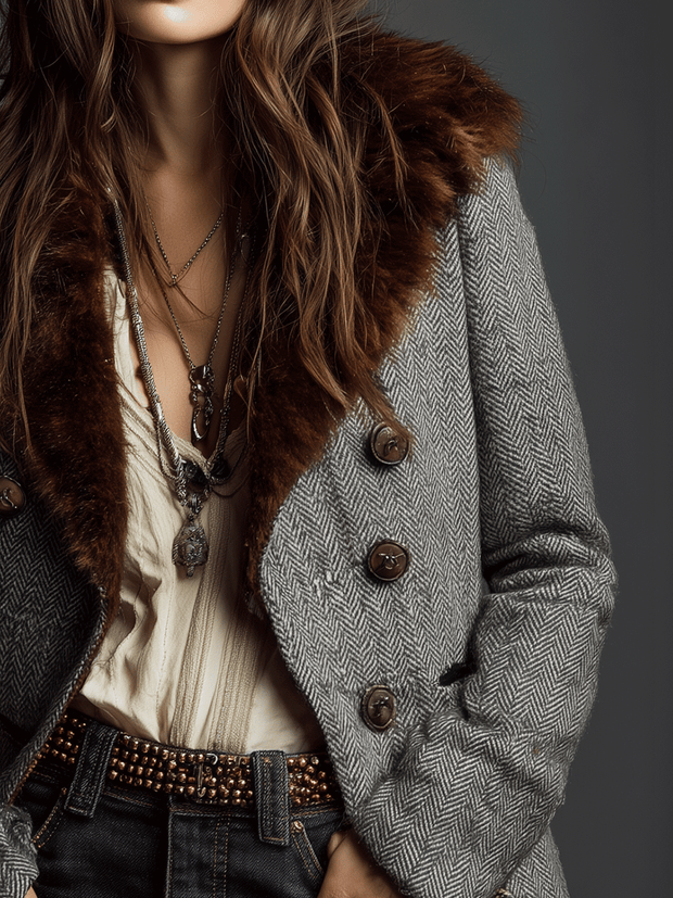 Retro Tailored Tweed Contrast Fur Lapel Jacket