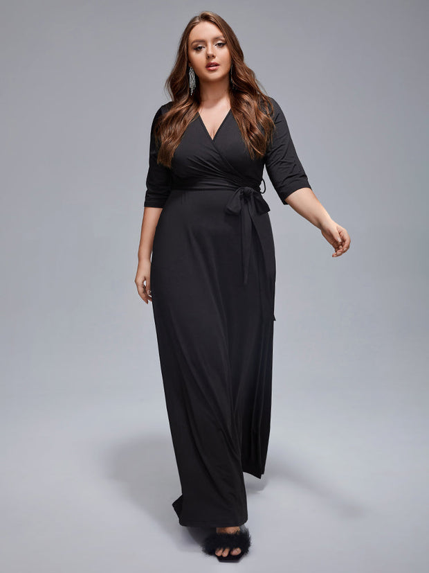 Plus V-Neck Tie Front Maxi Dress