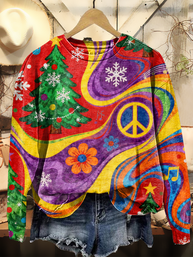 Women's Vintage Christmas Art Print Casual Long-Sleeve Crew Neck Sweatshirt