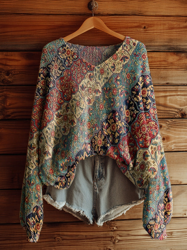 Women's Retro Ethnic Totem Collage Art Pattern Print Casual V Neck Pullover Sweater