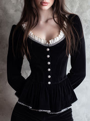 Black Velvet Peplum Corset Buttons With Lace Trim & Pearl Buttons