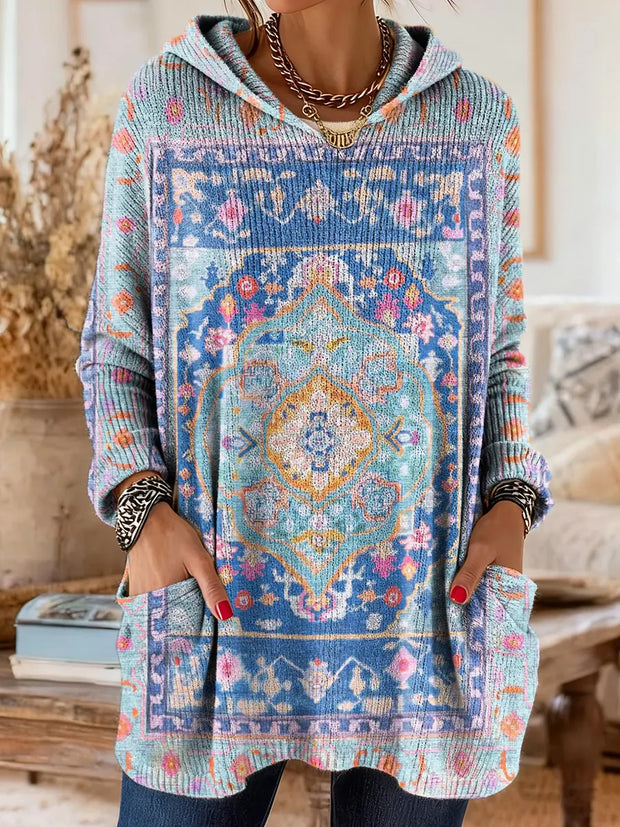 Women's Retro Ethnic Totem Art Print Casual Knitted Pocket Hooded Tunic Top