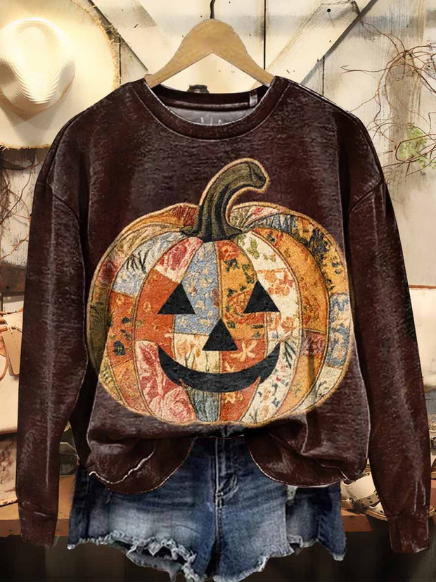 Women's Pumpkin Patchwork Print Casual Crew Neck Sweatshirt